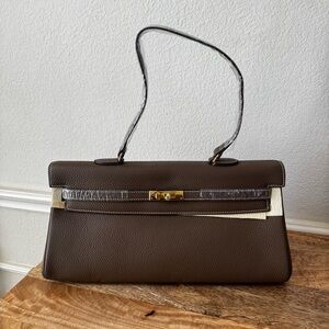 Dark Taupe 42 Shoulder KL Belted Wide Long Bag Crossbody w/ Gold HW